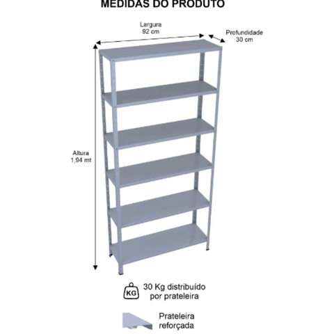 Estante De Aço 6 Prateleiras - Cinza Cristal - 1,98 m x 92 cm x 30 cm - Imagem 2